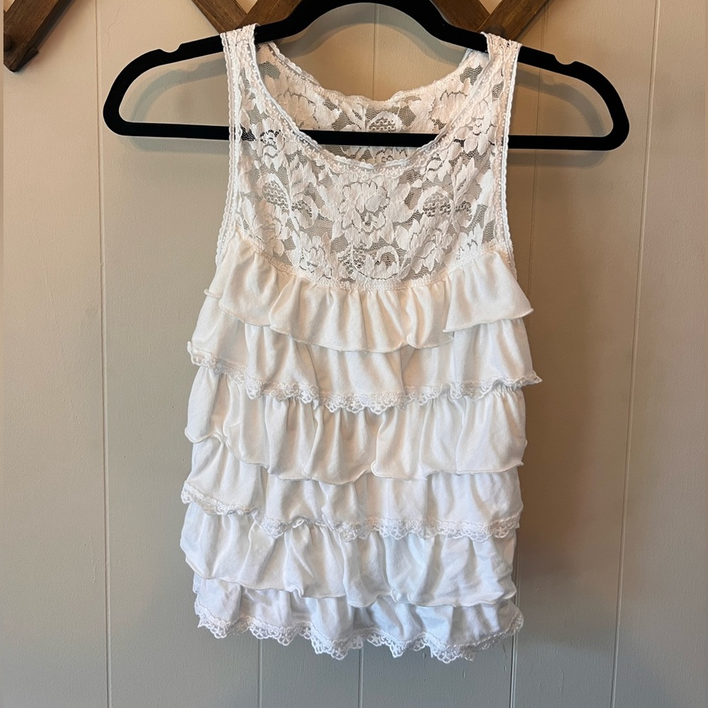Ruffle and lace tank in white; A&F